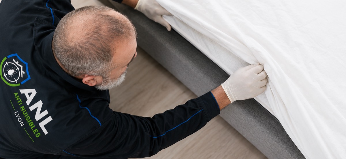Technicien ANL inspectant un matelas à la recherche de punaises de lit